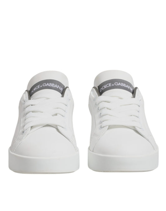White Gray Leather Low Top Sneakers Shoes
