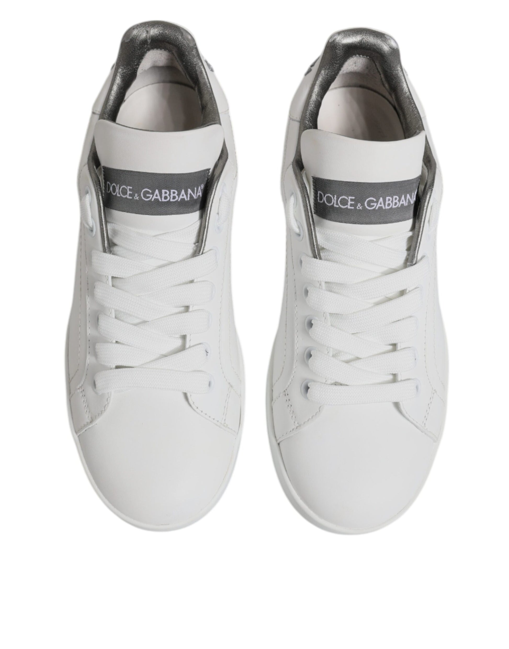 White Gray Leather Low Top Sneakers Shoes