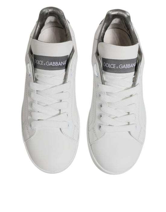 White Gray Leather Low Top Sneakers Shoes