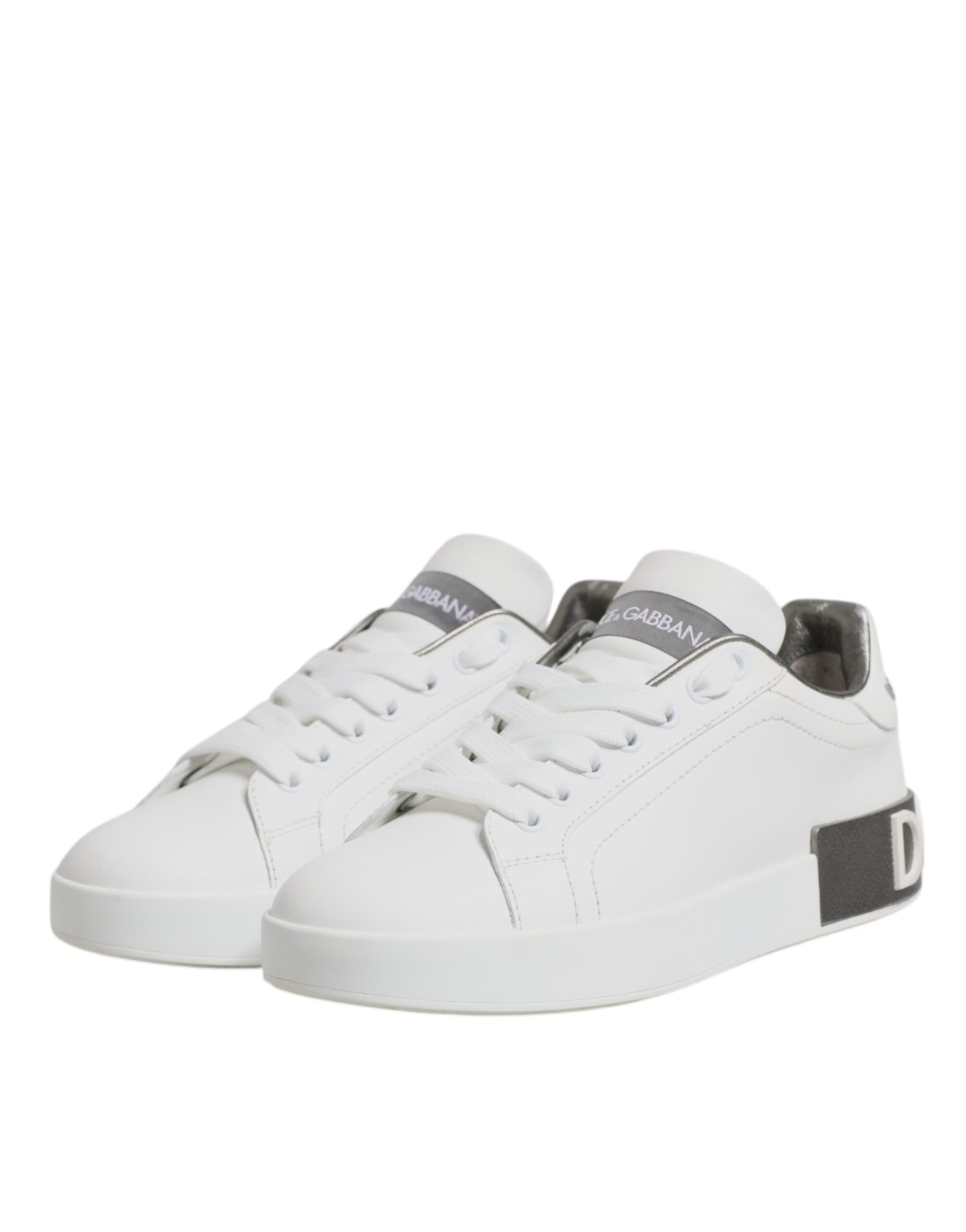 White Gray Leather Low Top Sneakers Shoes