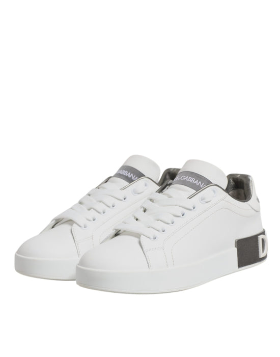 White Gray Leather Low Top Sneakers Shoes
