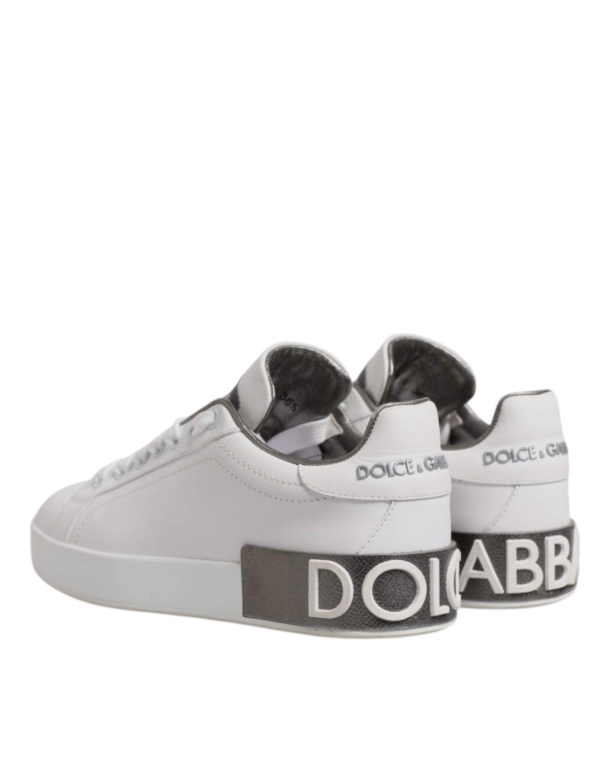 White Gray Leather Low Top Sneakers Shoes