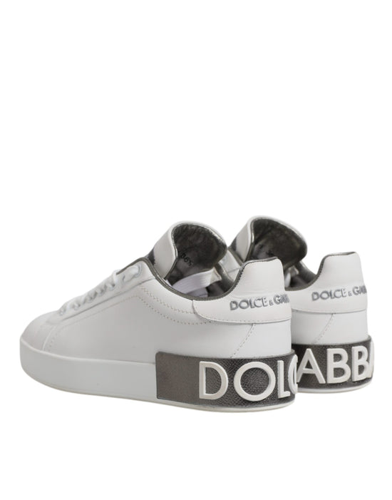 White Gray Leather Low Top Sneakers Shoes