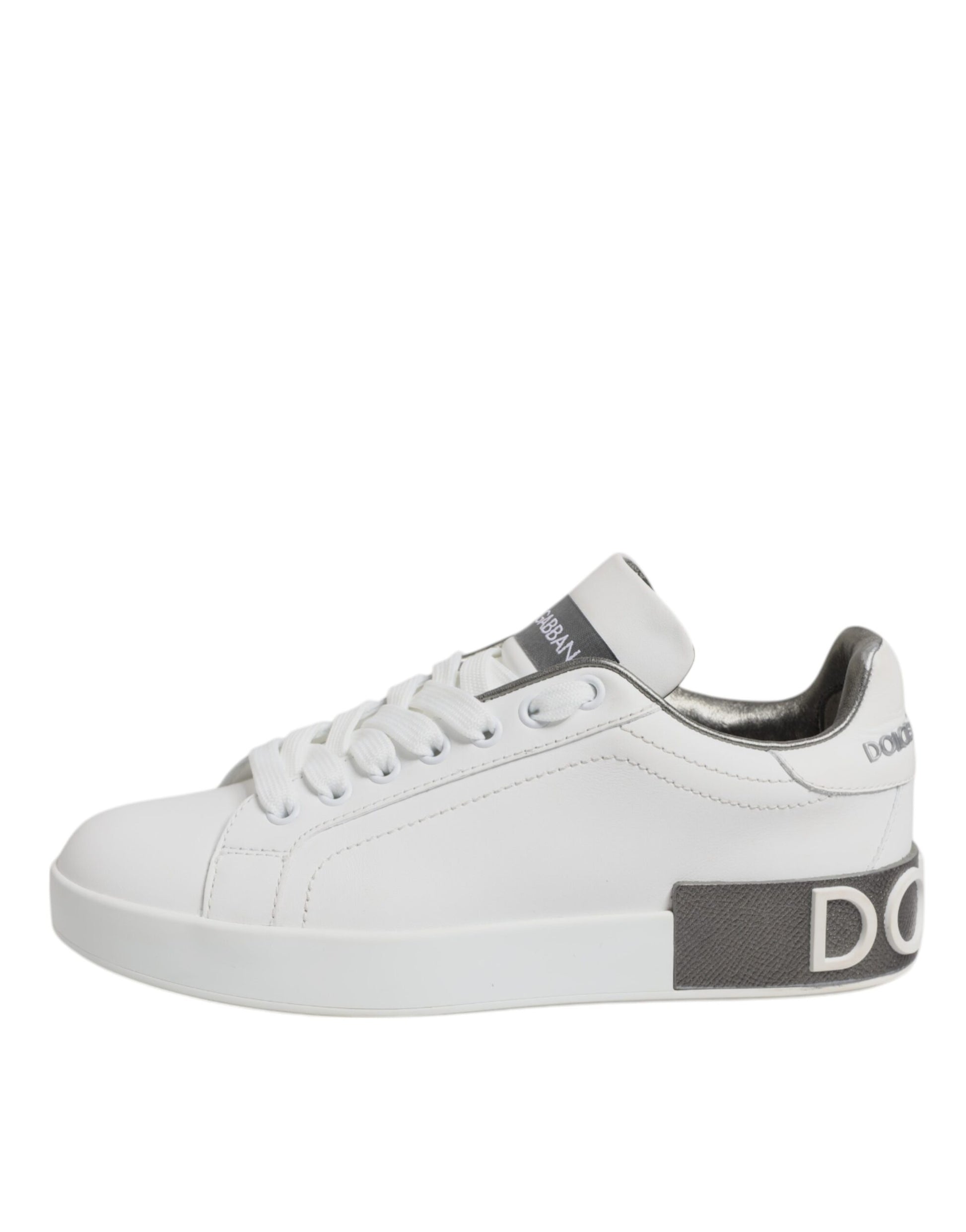 White Gray Leather Low Top Sneakers Shoes