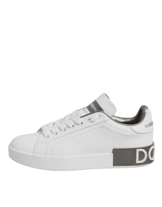 White Gray Leather Low Top Sneakers Shoes
