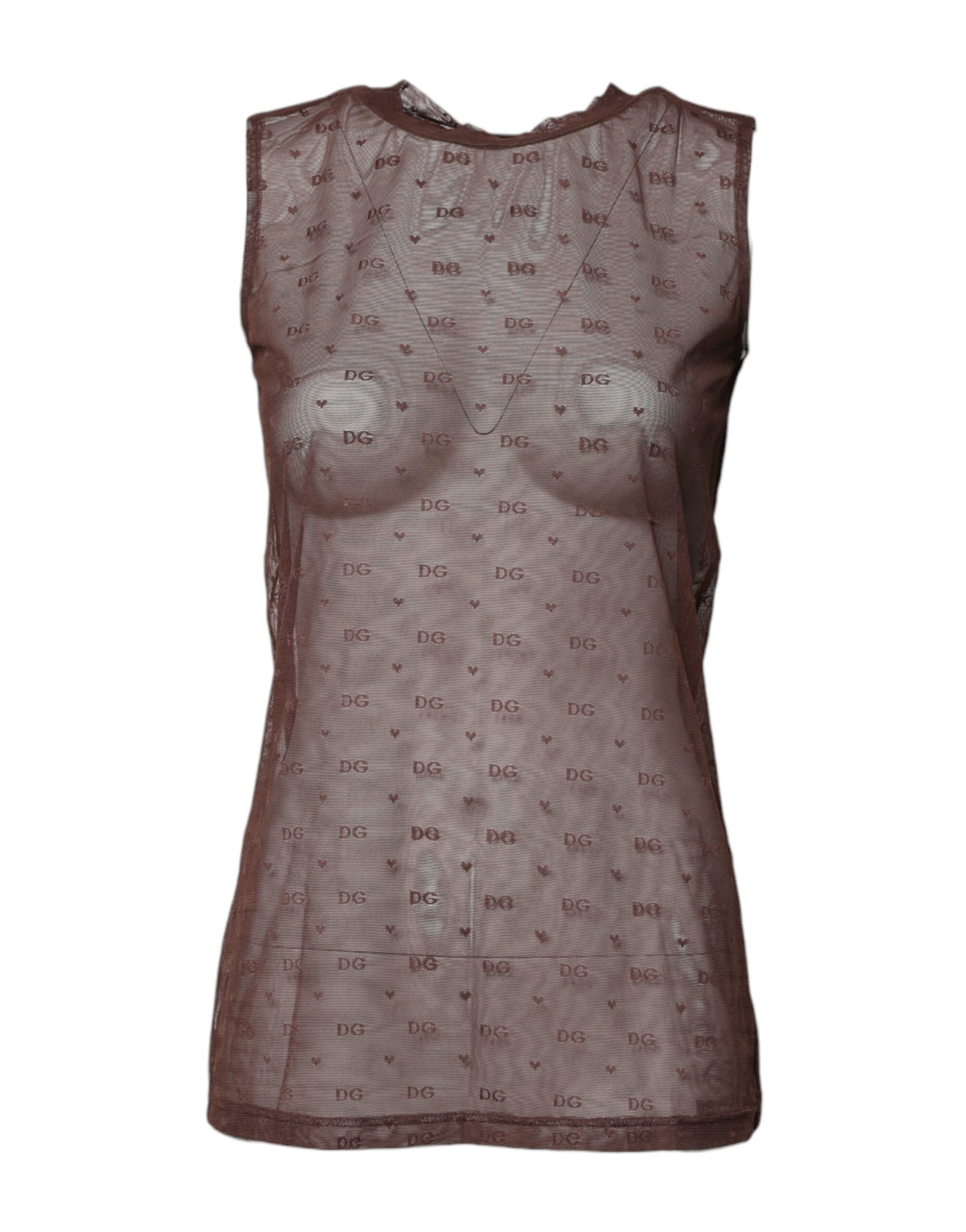Brown Nylon See Through Women Sleeveless Tank Top