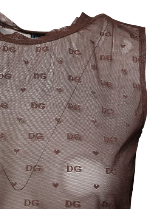 Brown Nylon See Through Women Sleeveless Tank Top