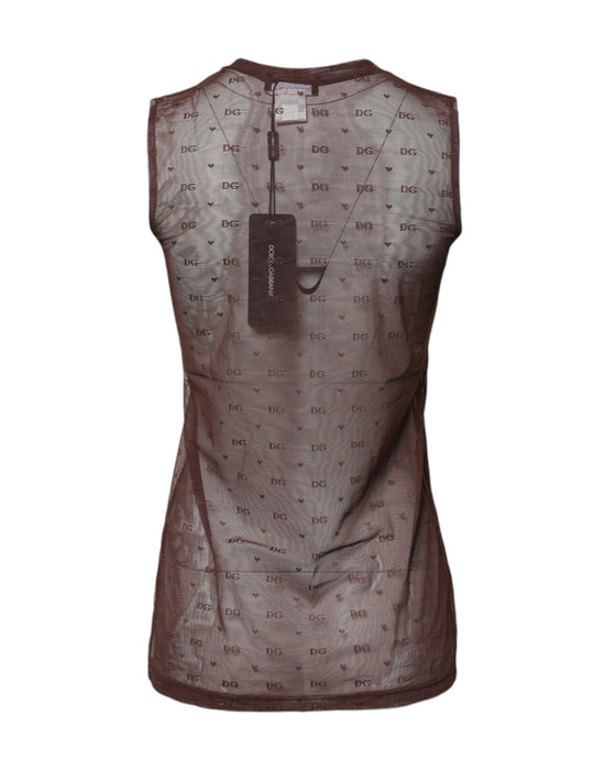 Brown Nylon See Through Women Sleeveless Tank Top