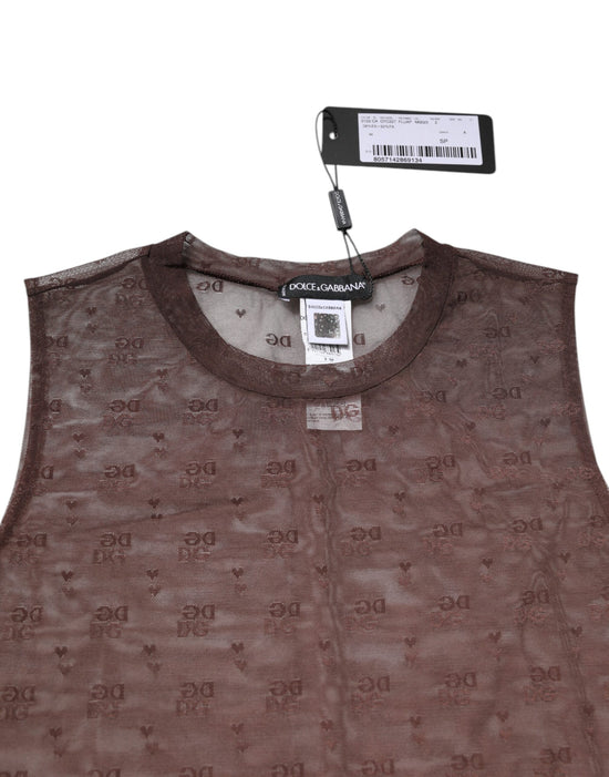 Brown Nylon See Through Women Sleeveless Tank Top