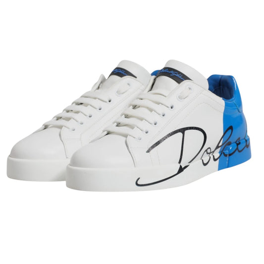 White Blue Leather Logo Low Top Sneakers Shoes