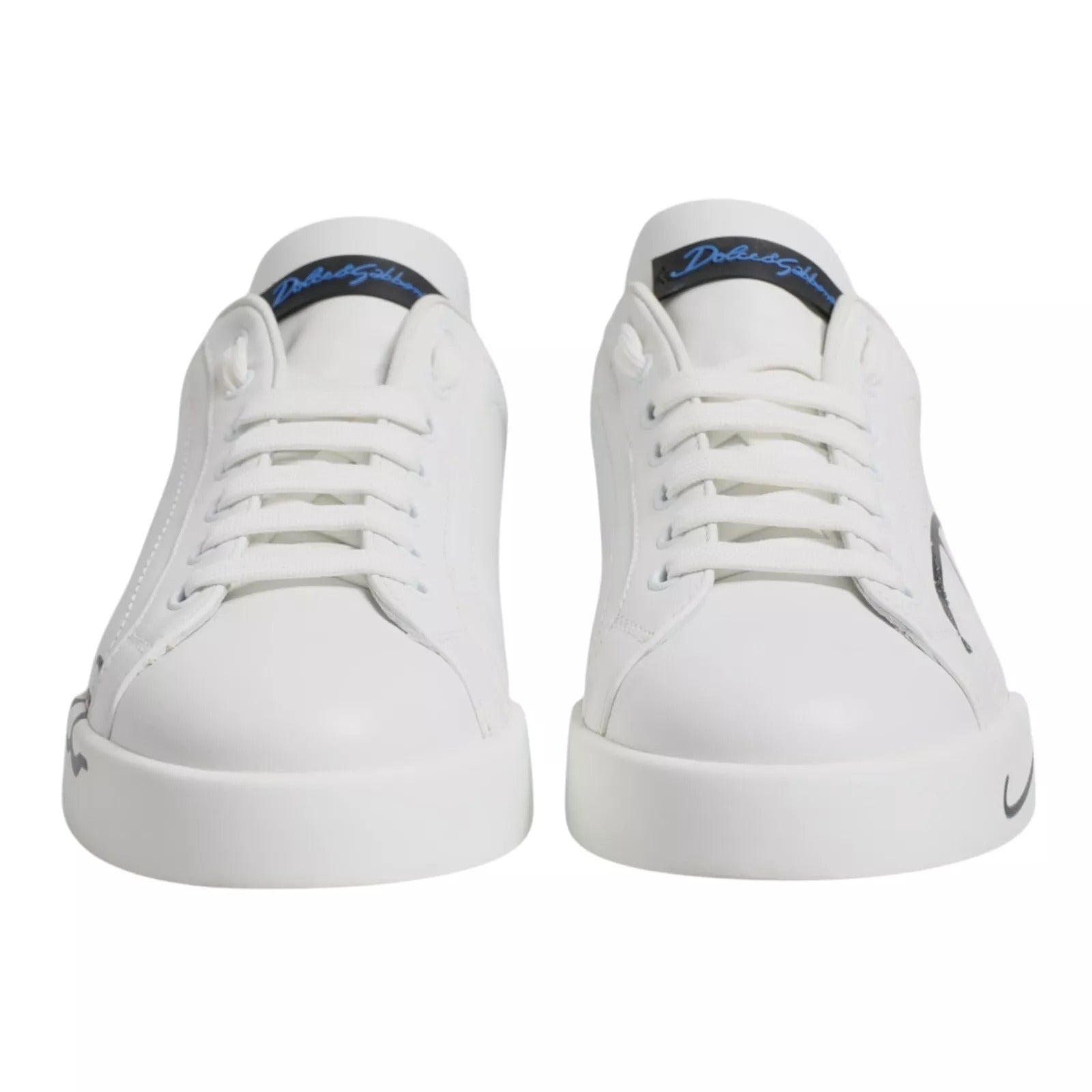 White Blue Leather Logo Low Top Sneakers Shoes