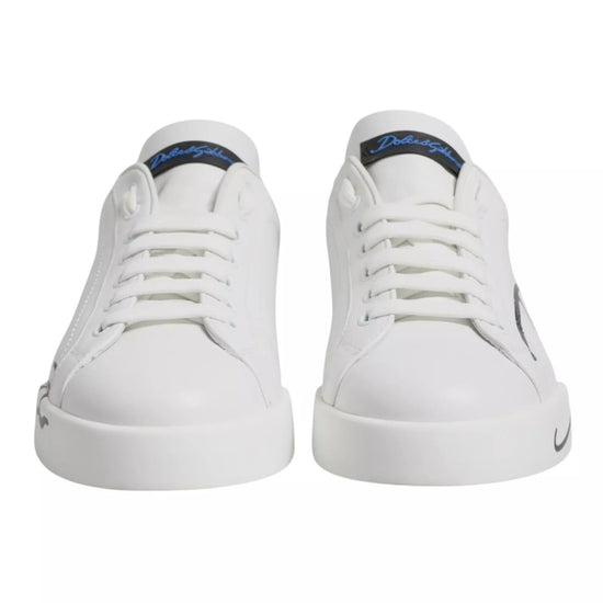 White Blue Leather Logo Low Top Sneakers Shoes
