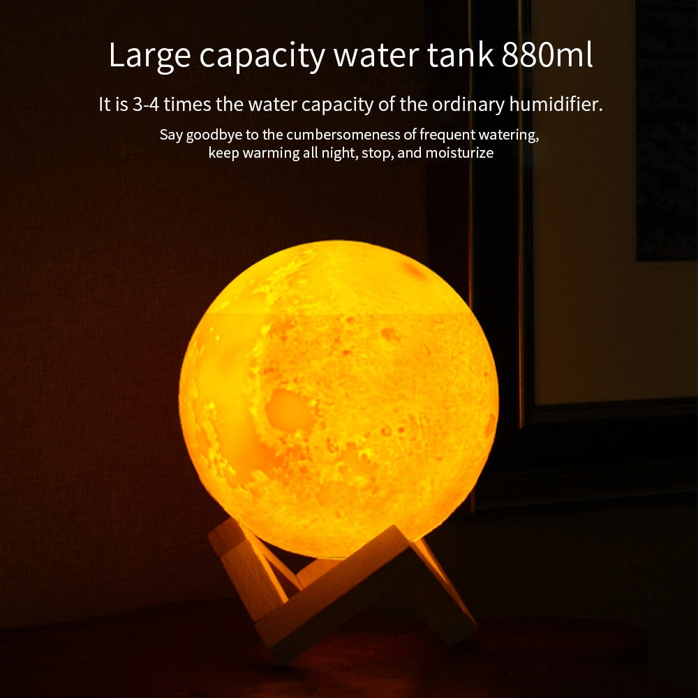 880ml 3D Moon Lamp Moonlight Humidifier with 3 Color Changing Night Light USB Charging Air Humidifier Mist Maker for Home